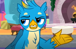 Size: 826x532 | Tagged: safe, screencap, gallus, griffon, g4, the hearth's warming club, chair, cropped, fireplace, male, present, solo