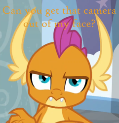 Size: 673x699 | Tagged: safe, edit, edited screencap, editor:thegamerpainter, screencap, smolder, dragon, g4, school daze, angry, anti-bronybait, breaking the fourth wall, caption, chowder, cropped, dragoness, female, image macro, looking at you, mung daal, open mouth, reference, smolder is not amused, solo, teeth, text, unamused