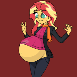 Size: 2048x2048 | Tagged: safe, artist:elizapregs, sunset shimmer, human, comic:inner thoughts, equestria girls, g4, belly, belly button, big belly, clothes, high res, jacket, looking at belly, looking down, pants, pregnant, scarf, sunset preggers, sweater, wardrobe malfunction