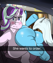 Size: 1600x1900 | Tagged: safe, artist:str8aura-draws-horses-and-stuff, starlight glimmer, trixie, pony, unicorn, semi-anthro, g4, arm hooves, blushing, butt, car interior, dock, female, he wants to order, mare, meme, plot, ponified meme, selfie, snapchat, tail, the ass was fat, the great and powerful ass, underhoof