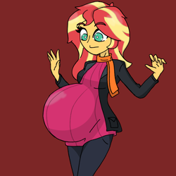 Size: 2048x2048 | Tagged: safe, alternate version, artist:elizapregs, sunset shimmer, human, comic:inner thoughts, equestria girls, g4, belly, big belly, clothes, high res, jacket, looking at belly, looking down, pants, pregnant, scarf, sunset preggers, sweater