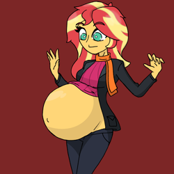 Size: 2048x2048 | Tagged: safe, alternate version, artist:elizapregs, sunset shimmer, human, comic:inner thoughts, equestria girls, g4, belly, belly button, big belly, clothes, high res, jacket, looking at belly, looking down, pants, pregnant, scarf, sunset preggers, sweater, wardrobe malfunction