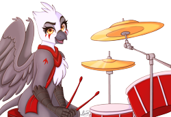 Size: 3200x2200 | Tagged: safe, artist:mxiiisy, part of a set, oc, oc only, oc:akelza, oc:akelzai aelvana, avian, bird, griffon, beak, clothes, drum kit, drum set, drums, facial markings, feather, griffon oc, halfbody, high res, looking at you, markings, musical instrument, red scarf, scarf, simple background, sitting, smiling, solo, spread wings, stool, tattoo, transparent background, wings, yellow eyes