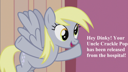 Size: 1920x1080 | Tagged: safe, edit, edited screencap, editor:korora, screencap, derpy hooves, pegasus, pony, g4, slice of life (episode), cute, derpabetes, implied crackle pop, implied dinky, offscreen character, solo, speech, talking
