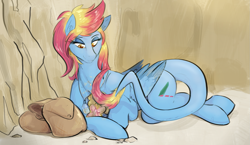 Size: 1587x918 | Tagged: safe, artist:testostepone, oc, oc:merrifeather, pegasus, pony, archaeology, bag, blue coat, brushing, colored wings, element of kindness, female, ground, looking at something, looking down, lying down, mare, on side, pegasus oc, prehensile tail, prone, saddle bag, smiling, solo, tail, two toned mane, two toned tail, two toned wings, wings, yellow eyes