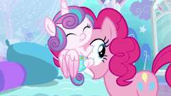 Size: 520x293 | Tagged: safe, screencap, pinkie pie, princess flurry heart, alicorn, earth pony, pony, season 6, the crystalling, animated, cartoon physics, eye scream, foal, gif, out of context, pinkie being pinkie, pinkie physics, princess facehugger