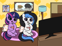 Size: 3072x2304 | Tagged: safe, artist:malachimoet, artist:msbluejune, octavia melody, twilight sparkle, oc, oc:msbluejune, pony, g4, burger, colored background, cute, duo, food, hamburger, happy, high res, popcorn, television