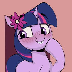 Size: 2192x2179 | Tagged: safe, artist:luxsimx, twilight sparkle, pony, unicorn, g4, blushing, cute, female, floppy ears, flower, flower in hair, high res, mare, smiling, solo, twiabetes, unicorn twilight