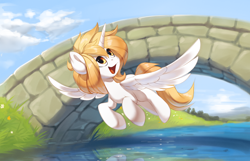 Size: 4000x2570 | Tagged: safe, artist:vistamage, oc, oc only, oc:star nai, alicorn, pony, alicorn oc, bridge, flying, horn, open mouth, open smile, smiling, solo, water, wings