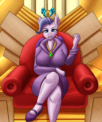 Size: 1600x1900 | Tagged: safe, artist:zachc, queen haven, pegasus, anthro, g5, breasts, busty queen haven, clothes, crossed legs, dress, female, human queen haven, jewelry, looking at you, milf, sexy, sitting, solo, stupid sexy queen haven