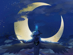 Size: 2160x1620 | Tagged: safe, artist:lendftcn, princess luna, alicorn, pony, crescent moon, female, film grain, glowing, glowing horn, horn, looking at you, mare, moon, night, solo, spread wings, wings