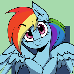 Size: 2212x2211 | Tagged: safe, artist:luxsimx, rainbow dash, pegasus, pony, g4, abstract background, cute, dashabetes, eyebrows, eyebrows visible through hair, female, floating eyebrows, high res, looking at you, mare, smiling, smiling at you, solo, spread wings, wings