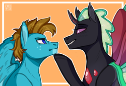 Size: 4232x2893 | Tagged: safe, artist:criedwolf, oc, oc only, oc:carbon, oc:ptero, changedling, changeling, pegasus, pony, annoyed, bedroom eyes, blue eyes, brown hair, brown mane, changedling oc, changeling oc, gay, high res, hoof on chin, horn, male, oc x oc, pegasus oc, purple eyes, shipping, simple background, smiling, smirk