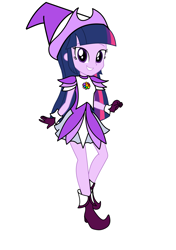 Size: 3035x4299 | Tagged: safe, artist:rollyagami02, twilight sparkle, human, equestria girls, g4, boots, clothes, clothes swap, cosplay, costume, crossover, ear piercing, earring, gloves, hat, jewelry, ojamajo doremi, onpu segawa, piercing, purple dress, shoes, simple background, solo, white background, witch, witch apprentice, witch costume, witch hat