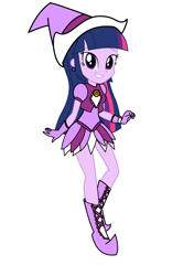 Size: 3035x4299 | Tagged: safe, artist:rollyagami02, twilight sparkle, human, equestria girls, g4, boots, clothes, clothes swap, cosplay, costume, ear piercing, earring, gloves, hat, jewelry, ojamajo doremi, onpu segawa, piercing, purple dress, shoes, simple background, solo, white background, witch, witch apprentice, witch costume, witch hat