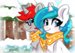 Size: 1932x1376 | Tagged: safe, artist:oofycolorful, oc, oc only, oc:ericken, oc:time slowly, blushing, chest fluff, clothes, ericly, female, forest, glasses, male, mare, scarf, snow, snowfall, stallion, tree, winter
