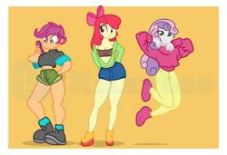 Size: 7528x5136 | Tagged: safe, artist:milkyboo898, apple bloom, scootaloo, sweetie belle, human, equestria girls, g4, cutie mark crusaders, female, orange background, sexy, simple background, trio