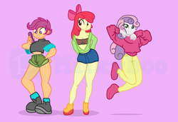 Size: 7528x5136 | Tagged: safe, alternate version, artist:milkyboo898, apple bloom, scootaloo, sweetie belle, human, equestria girls, equestria girls series, g4, clothes, cutie mark crusaders, cutie mark on clothes, female, pink background, simple background, trio