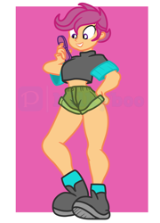 Size: 3752x5200 | Tagged: safe, artist:milkyboo898, scootaloo, human, equestria girls, g4, clothes, cutie mark crusaders, cutie mark on clothes, female, sexy, solo, thighs