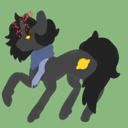 Size: 1280x1280 | Tagged: source needed, safe, artist:rake0o, oc, oc only, oc:sagiri himoto, pony, unicorn, black mane, black tail, clothes, food, glowing, glowing eyes, glowing horn, gray coat, horn, lemon, scarf, solo, tail, unicorn oc