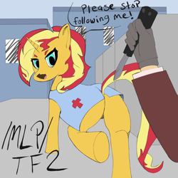 Size: 4096x4096 | Tagged: artist needed, safe, sunset shimmer, human, pony, unicorn, g4, /mlp/, /mlp/ tf2 general, butt, crossover, female, knife, male, mare, medic, medic (tf2), offscreen character, offscreen human, plot, spy, spy (tf2), team fortress 2