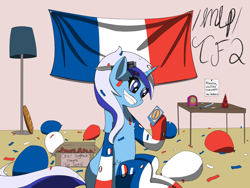 Size: 4000x3000 | Tagged: safe, minuette, pony, unicorn, g4, /mlp/ tf2 general, baguette, balloon, bread, confetti, dog treat, female, flag, food, france, french, french flag, hat, knife, lamp, mare, party hat, smiling, solo, spy, spy (tf2), team fortress 2, toothbrush