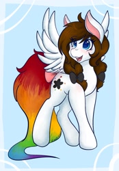 Size: 1423x2048 | Tagged: safe, artist:mscolorsplash, oc, oc only, oc:color splash, pegasus, pony, bow, female, mare, open mouth, open smile, rainbow tail, smiling, solo, spread wings, tail, tail bow, wings