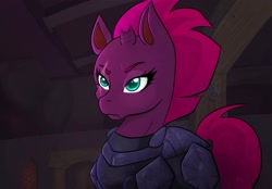 Size: 2048x1423 | Tagged: safe, artist:mscolorsplash, tempest shadow, pony, unicorn, g4, my little pony: the movie, armor, broken horn, female, frown, horn, mare, scene interpretation, solo