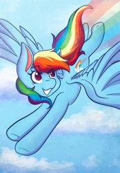 Size: 1423x2048 | Tagged: safe, artist:mscolorsplash, rainbow dash, pegasus, pony, g4, backwards cutie mark, cloud, eye clipping through hair, eyebrows, eyebrows visible through hair, female, flying, grin, looking back, mare, rainbow trail, signature, sky, smiling, solo, spread wings, wings