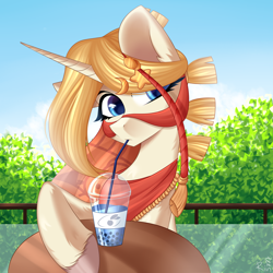 Size: 2000x2000 | Tagged: safe, artist:rinteen, oc, oc only, oc:blue haze, pony, unicorn, bubble tea, food, high res, horn, solo, table, tea, unicorn oc