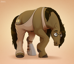 Size: 3700x3176 | Tagged: safe, artist:jenery, oc, oc only, oc:solid punch, earth pony, horse, pony, actor, beard, blacksmith, earth pony oc, facial hair, glasses, high res, hoers, male, solo, stallion