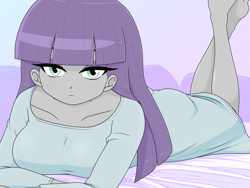 Size: 2224x1668 | Tagged: safe, artist:batipin, maud pie, human, equestria girls, g4, barefoot, bed, breasts, busty maud pie, eyeshadow, feet, female, looking at you, lying down, makeup, prone, solo, the pose