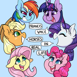 Size: 3000x3000 | Tagged: safe, artist:shyshyoctavia, applejack, fluttershy, pinkie pie, rainbow dash, rarity, twilight sparkle, earth pony, pegasus, pony, unicorn, g4, album cover, blue background, bust, colored eyebrows, eyebrows, eyebrows visible through hair, female, grin, high res, mane six, mare, portrait, simple background, smiling, speech bubble, talking