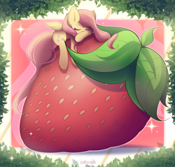 Size: 2350x2250 | Tagged: safe, artist:miryelis, fluttershy, pegasus, pony, g4, eyes closed, food, high res, leaves, long hair, lying, signature, sleeping, small wings, solo, strawberry, wings