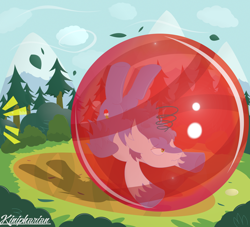 Size: 3328x3024 | Tagged: safe, artist:kinipharian, oc, oc:kayisus, latios, pony, bubble, dizzy, emanata, forest, high res, legendary pokémon, outdoors, pokémon, ponified, signature, solo, trapped