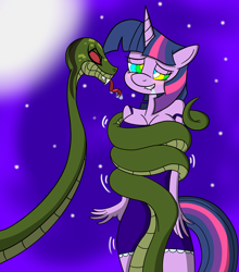 Size: 2200x2500 | Tagged: safe, artist:lunahazacookie, twilight sparkle, chimera, horse, snake, unicorn, anthro, g4, breasts, clothes, coils, drool, duo, feet, female, forked tongue, high res, hypno eyes, hypnosis, hypnotized, kaa eyes, looking pleasured, night, outdoors, sexy, soles, stars, stupid sexy twilight, toes, tongue out, unicorn twilight
