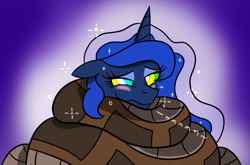 Size: 1024x675 | Tagged: safe, artist:lunahazacookie, princess luna, alicorn, pony, snake, g4, abstract background, bust, coils, colored, female, hypno eyes, hypnosis, hypnotized, kaa eyes, mare, relaxed, wrapped snugly, wrapped up