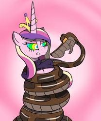 Size: 2500x3000 | Tagged: safe, artist:lunahazacookie, princess cadance, alicorn, pony, snake, anthro, g4, abstract background, bust, clothes, coils, duo, female, high res, hypno eyes, hypnosis, hypnotized, kaa, kaa eyes, male, mare, sexy, stupid sexy princess cadance, sweater