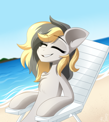 Size: 1800x2000 | Tagged: safe, artist:rinteen, oc, oc only, earth pony, pony, beach, chair, ears, eyes closed, female, mane, mare, sitting, smiling, solo