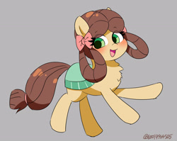 Size: 2796x2228 | Tagged: safe, artist:leo19969525, yona, earth pony, pony, g4, she's all yak, blushing, bow, brown hair, brown mane, brown tail, cute, ears, ears up, female, gray background, green eyes, hair, hair bow, high res, looking at you, mane, mare, open mouth, open smile, ponified, pony yona, simple background, smiling, smiling at you, solo, species swap, tail, yonadorable