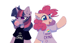 Size: 1150x691 | Tagged: safe, artist:mirtash, pinkie pie, twilight sparkle, earth pony, pony, semi-anthro, bubblegum, bust, clothes, duo, duo female, ear piercing, eye clipping through hair, eyebrows, eyebrows visible through hair, female, food, gum, heart, horn, lesbian, mare, open mouth, open smile, pansexual, pansexual pride flag, peace symbol, piercing, pride, pride flag, shipping, shirt, simple background, smiling, twinkie, white background