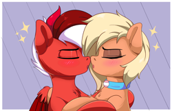 Size: 2470x1600 | Tagged: safe, artist:joaothejohn, oc, oc only, oc:flamebrush, earth pony, pegasus, pony, chest fluff, collar, cute, eyes closed, kissing, love, oc x oc, pegasus oc, shipping, simple background, wings