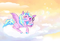 Size: 2078x1433 | Tagged: safe, artist:stevetwisp, oc, oc only, alicorn, pony, alicorn oc, blowing bubbles, cloud, female, horn, mare, on a cloud, sitting, sitting on a cloud, solo, wings