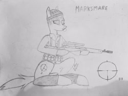 Size: 4032x3024 | Tagged: safe, artist:steelepone, oc, oc only, oc:marksmare, beanie, gun, hat, rifle, sketch, sniper, sniper rifle, solo, traditional art, weapon, world war ii