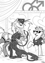 Size: 1240x1754 | Tagged: safe, artist:hilloty, princess cadance, queen chrysalis, oc, pegasus, pony, unicorn, g4, black and white, clothes, costume, grayscale, hat, latex, latex suit, leash, lineart, looking down, male, monochrome, shirt, shorts, spikes, stockings, sunglasses, thigh highs, unamused, zipper, zippermouth