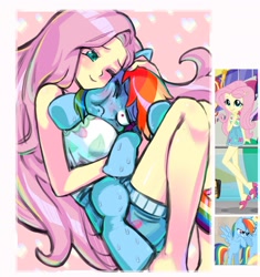 Size: 1719x1829 | Tagged: safe, artist:ceitama, fluttershy, rainbow dash, human, pegasus, pony, equestria girls, g4, adorable distress, barefoot, cute, dashabetes, feet, female, hape, hug, human and pony, lesbian, personal space invasion, screencap reference, ship:flutterdash, shipping, shyabetes, sweat, sweating profusely