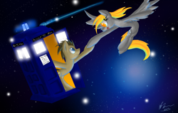 Size: 2889x1836 | Tagged: safe, artist:draconicsonic, derpy hooves, doctor whooves, time turner, earth pony, pegasus, pony, g4, doctor who, female, holding hooves, male, open mouth, open smile, ship:doctorderpy, shipping, smiling, space, straight, tardis, the doctor