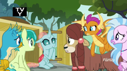Size: 1249x700 | Tagged: safe, screencap, gallus, ocellus, sandbar, silverstream, smolder, yona, changedling, changeling, classical hippogriff, dragon, earth pony, griffon, hippogriff, pony, yak, g4, school daze, discovery family, discovery family logo, logo, student six, tv rating, tv-y