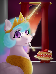 Size: 1500x2000 | Tagged: safe, artist:oldman, princess celestia, alicorn, pony, g4, cake, cakelestia, canterlot, food, hair, horn, horn jewelry, jewelry, looking at you, solo, sun, wings