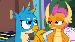 Size: 1044x587 | Tagged: safe, screencap, gallus, silverstream, smolder, classical hippogriff, dragon, griffon, hippogriff, g4, my little pony: friendship is magic, what lies beneath, book, dragoness, duo focus, female, male, talons